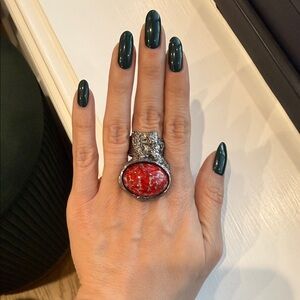 Yves Saint Laurent Silver Arty Resin Ring with Red Accent